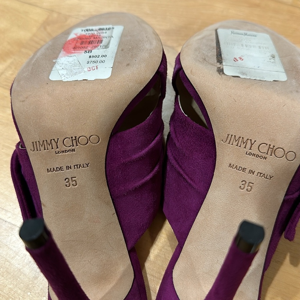 Sexy Jimmy Choo Keely suede magenta bow open toe mules heels sz 35 - Picture 8 of 11